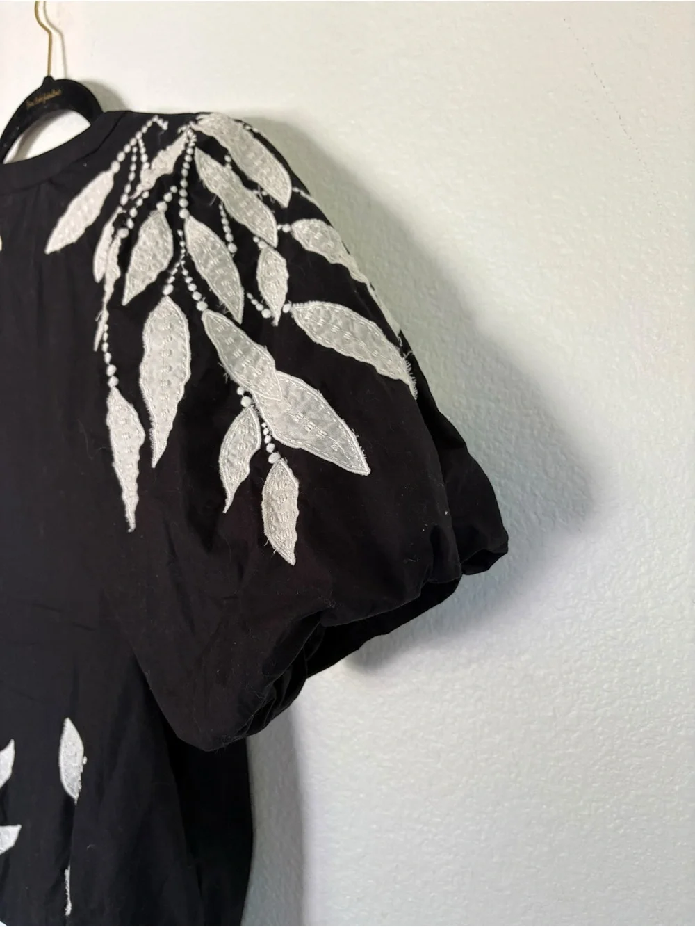 Anthropologie Black Blouse with White Leaf Embroidery - Picture 8 of 12